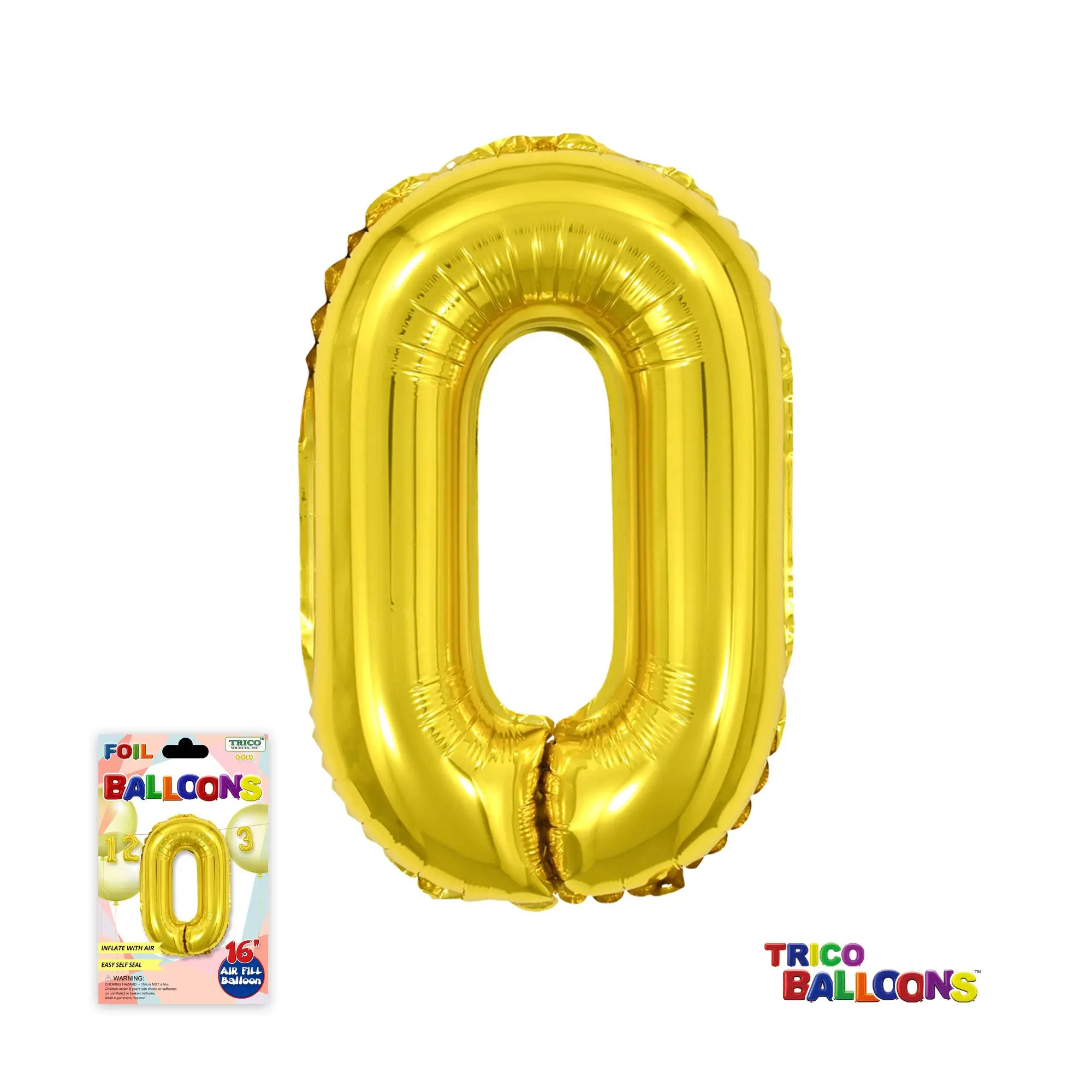 A gold foil balloon that is shaped like the number 0.