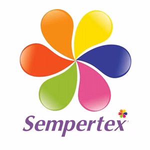 Colorful Sempertex logo with flower design.